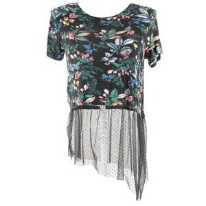 One Heart Sz XL Black Multi Asymmetrical Dotted Mesh Detail Rayon Blend Top